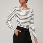 Black striped top with side shirred detailing