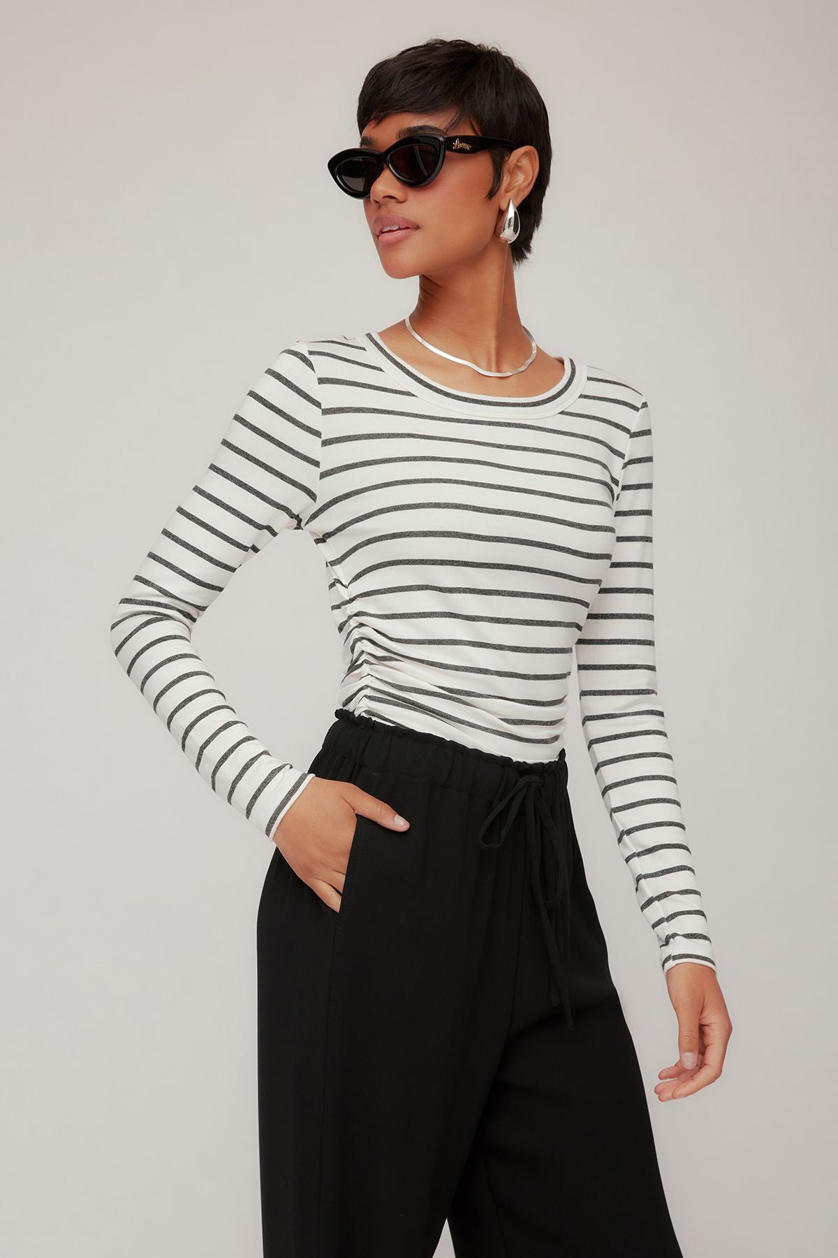 Black striped top with side shirred detailing