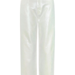 High-waisted, wide-leg cropped jeans in a glossy, metallic off-white finish, shown against a plain white background.