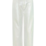 High-waisted, wide-leg cropped jeans in a glossy, metallic off-white finish, shown against a plain white background.