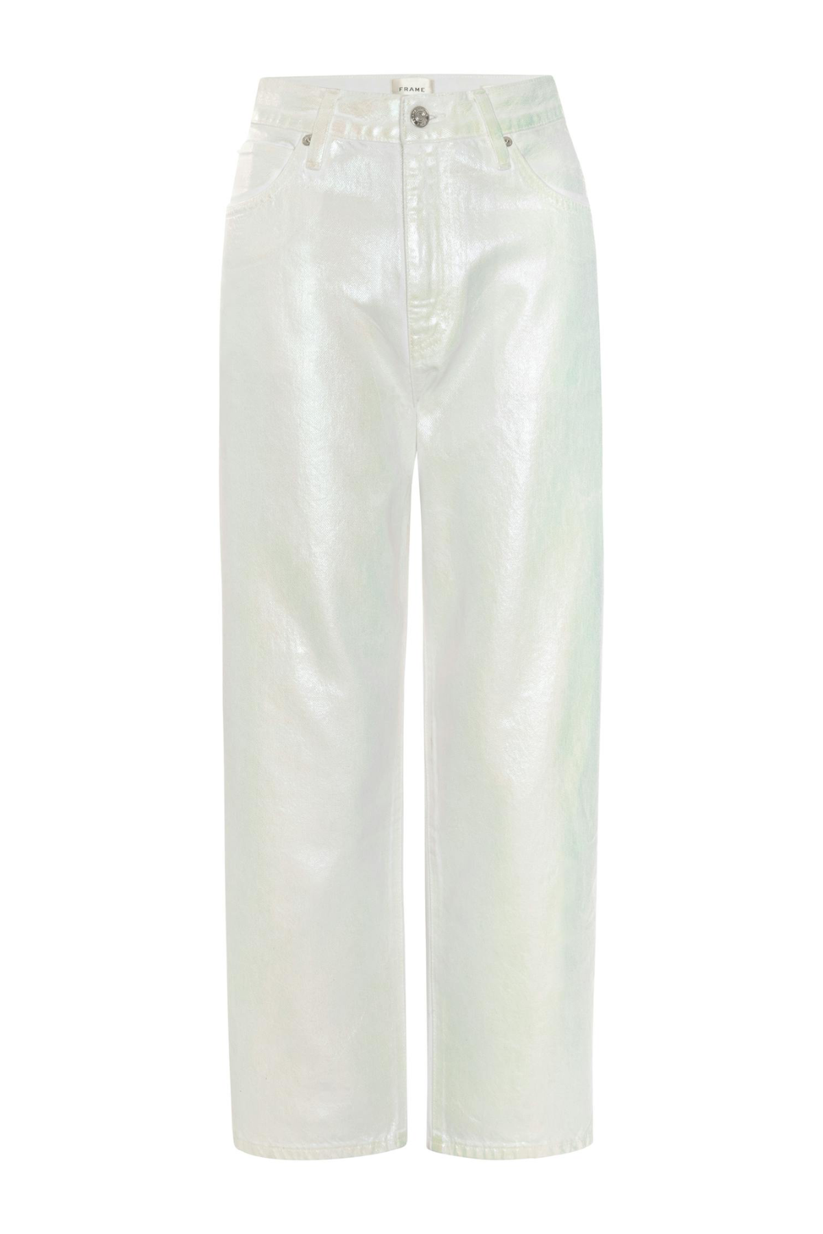 High-waisted, wide-leg cropped jeans in a glossy, metallic off-white finish, shown against a plain white background.