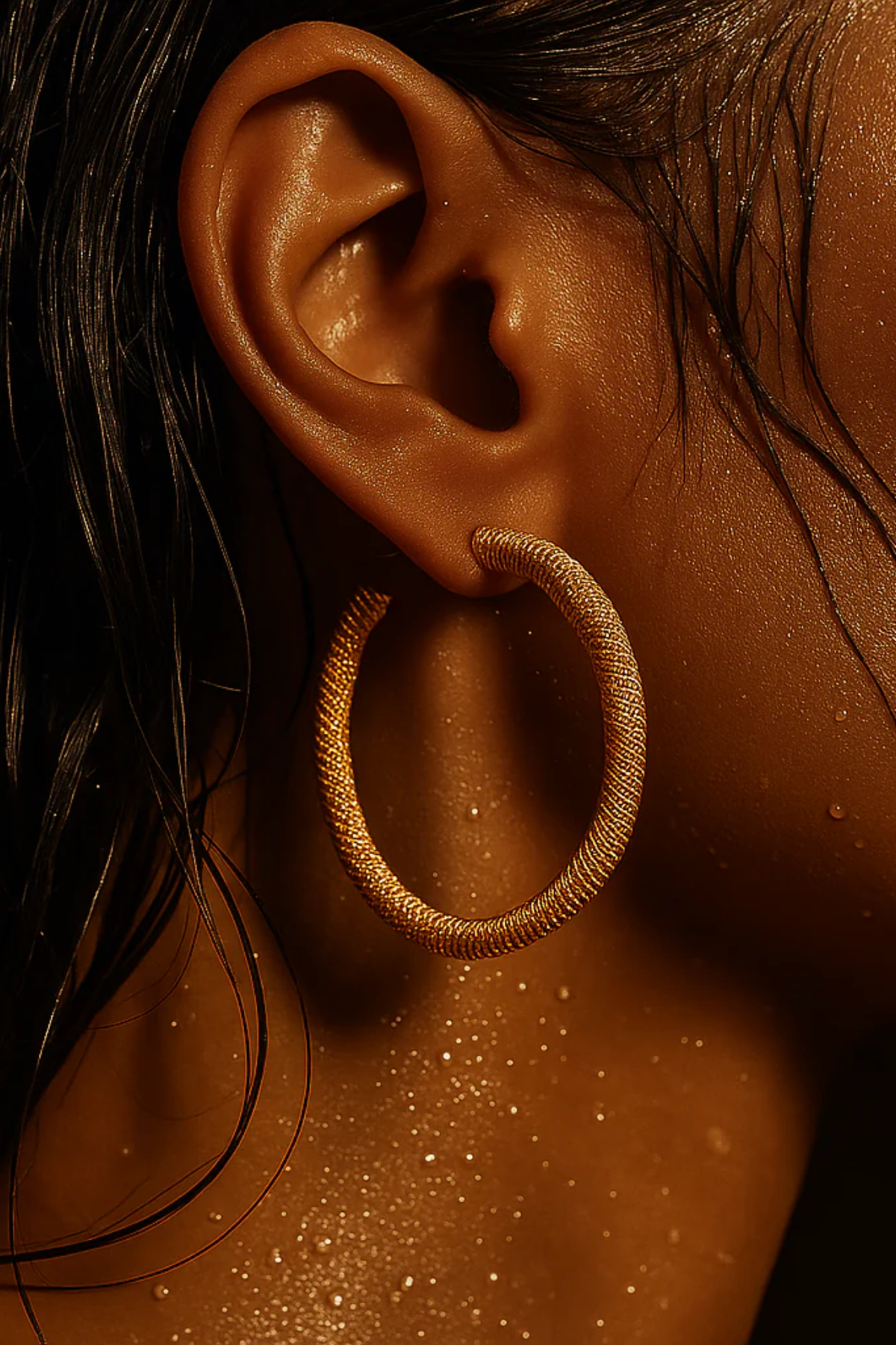 Close-up of an ear wearing a gold hoop earring with a blurred background