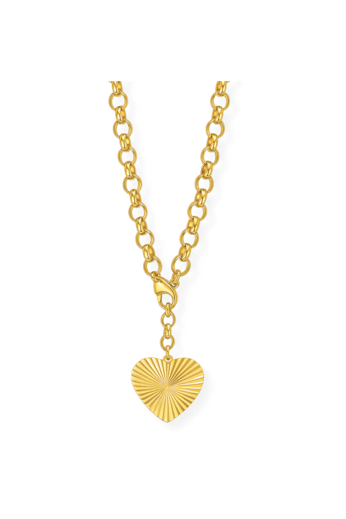 Gold heart-shaped pendant necklace on a white background