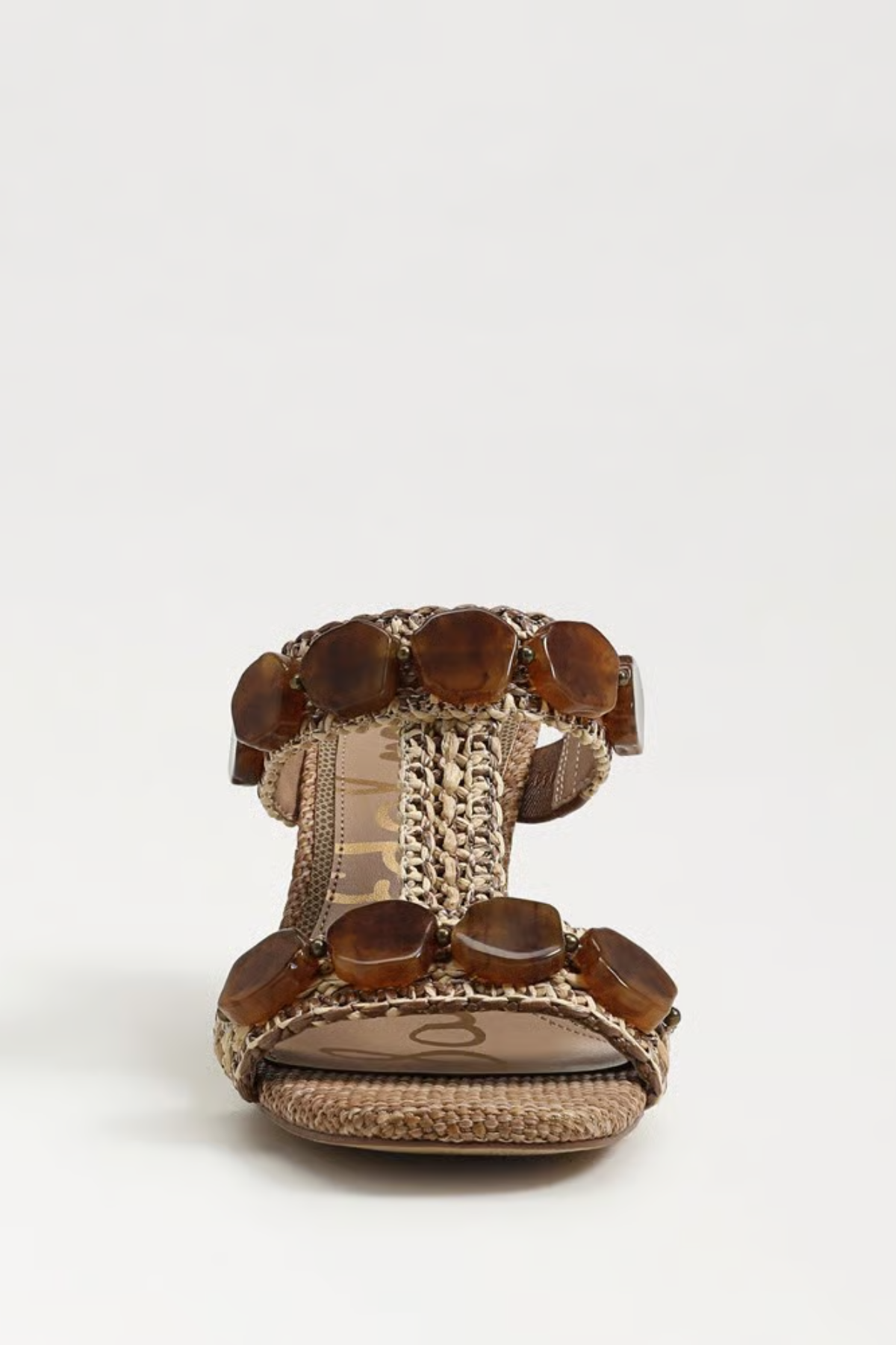 front view stone and raffia womens wedge shoe 