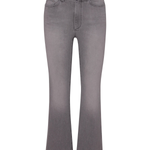 A pair of gray denim flare jeans shown flat against a solid white background.