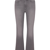 A pair of gray denim flare jeans shown flat against a solid white background.