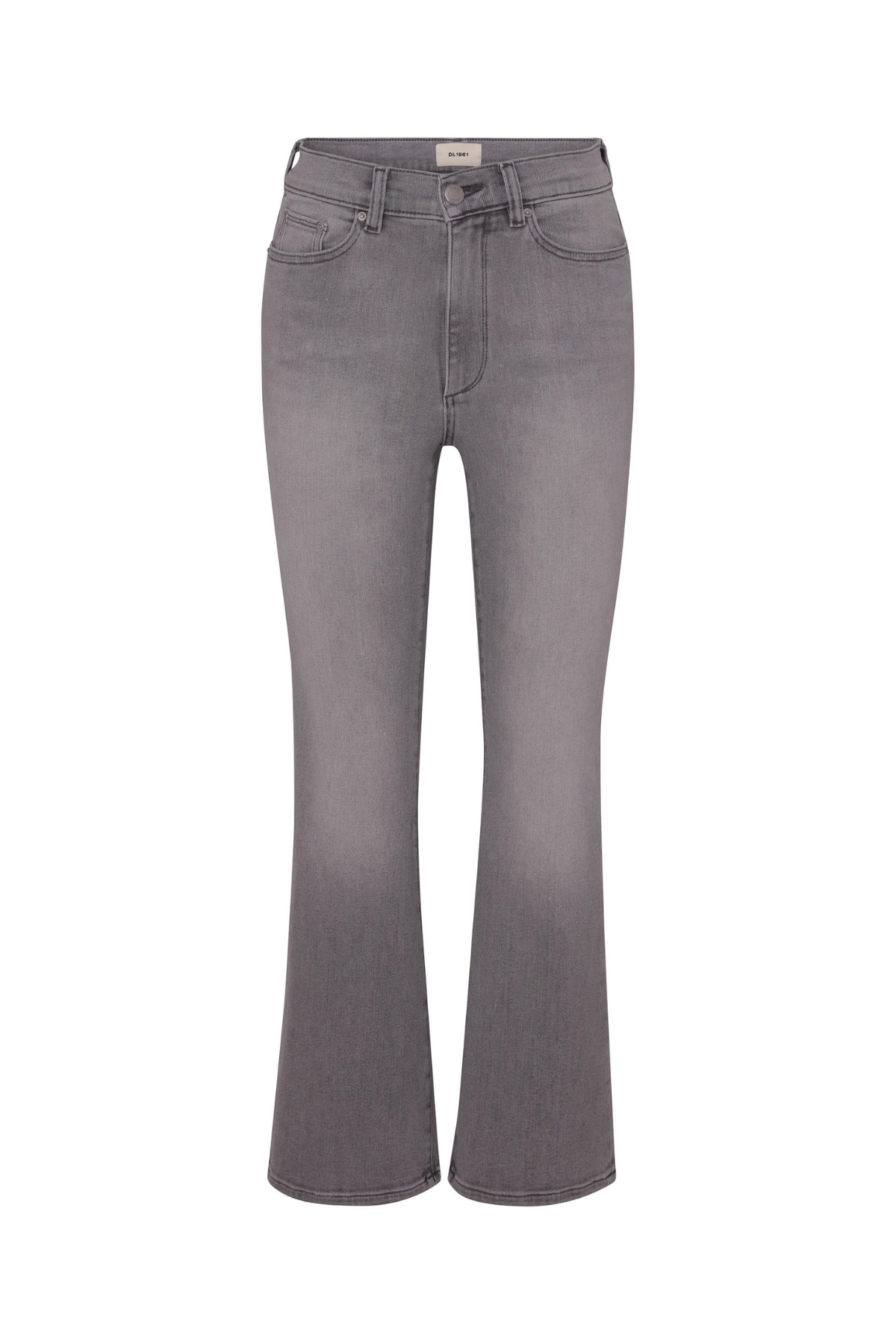 A pair of gray denim flare jeans shown flat against a solid white background.