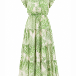 Green and white floral dress on a white background
