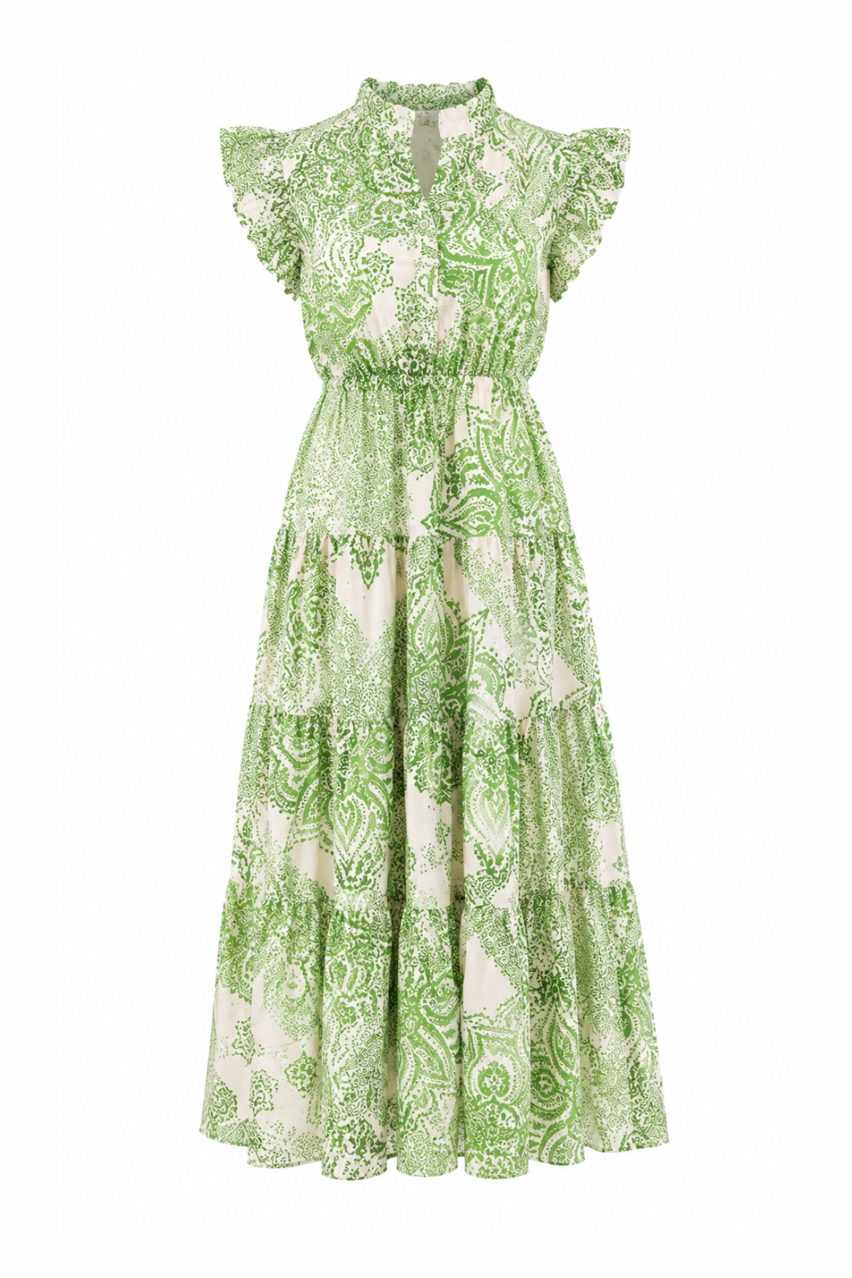 Green and white floral dress on a white background