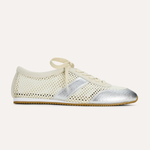 White sneaker with silver accents on a white background