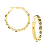Gold hoop earrings with embedded stones on a white background
