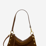A brown suede crescent-shaped shoulder bag with gold-tone metal studs and a matching brown leather strap, shown against a plain white background.