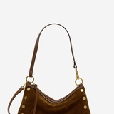A brown suede crescent-shaped shoulder bag with gold-tone metal studs and a matching brown leather strap, shown against a plain white background.