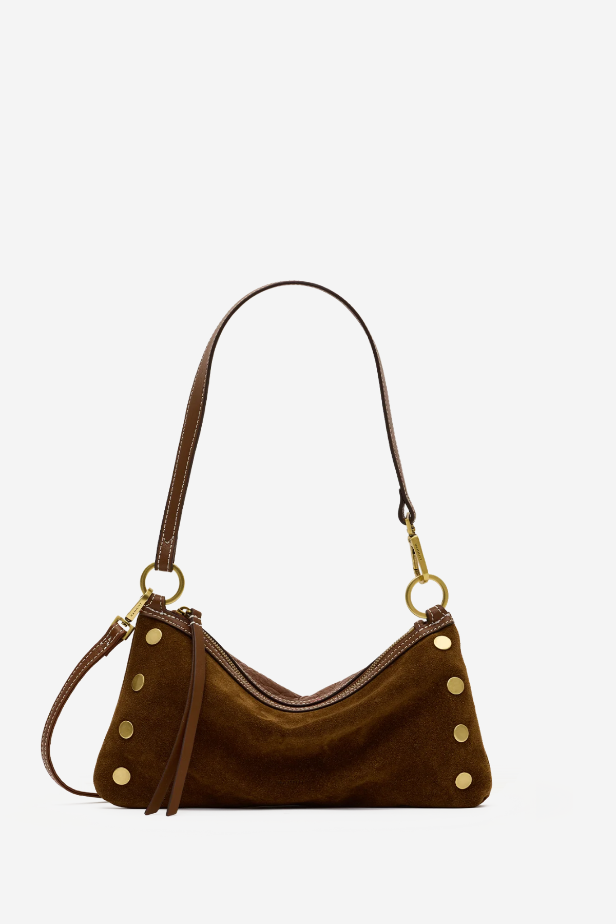 A brown suede crescent-shaped shoulder bag with gold-tone metal studs and a matching brown leather strap, shown against a plain white background.