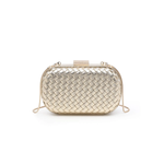 Gold woven clutch bag on a white background