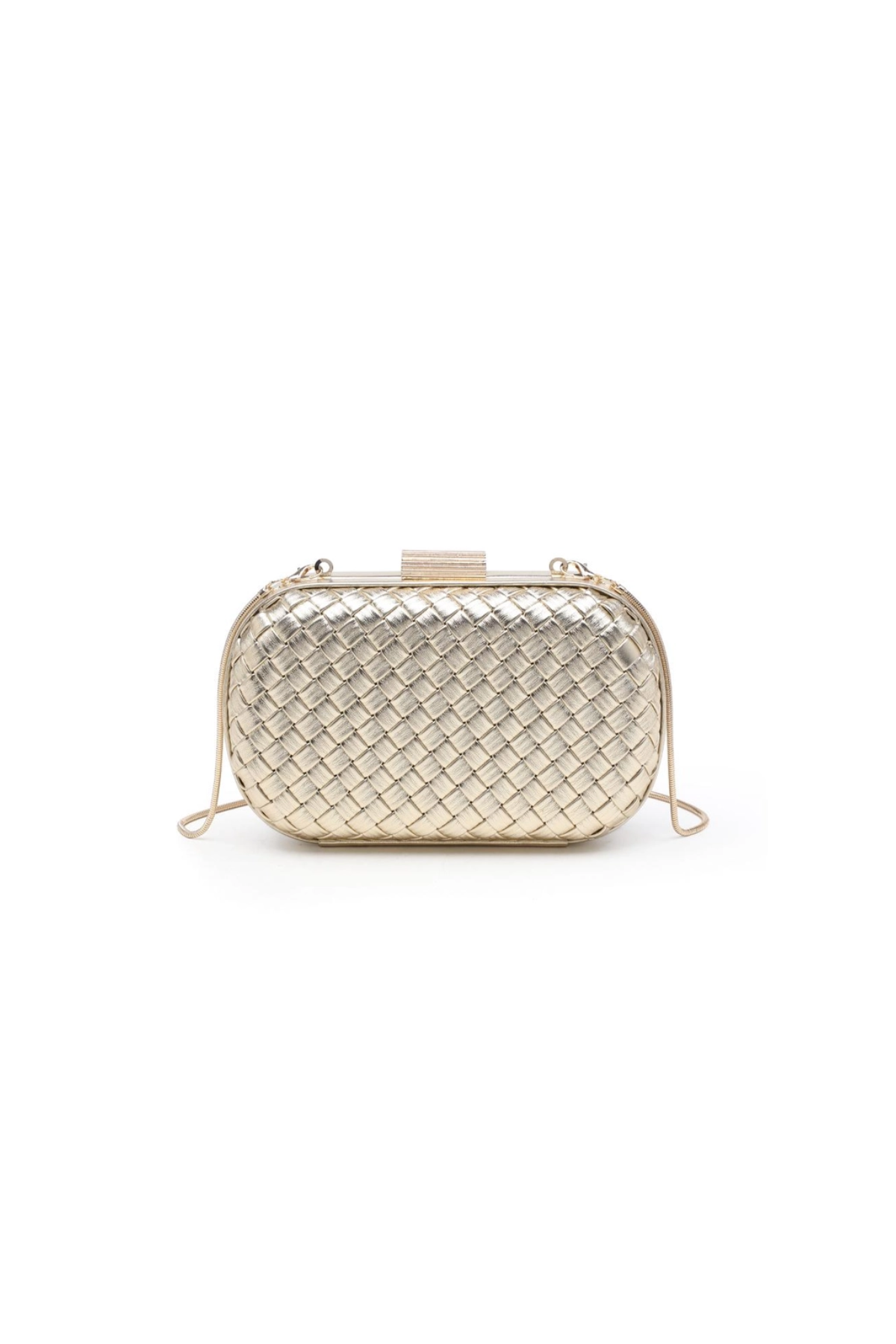 Gold woven clutch bag on a white background