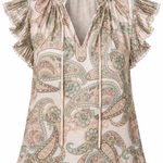 A women's short-sleeve blouse with a ruffled high neckline, tie-front detail, and a paisley pattern in beige, sage green, and brown on a white background.