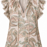 A women's short-sleeve blouse with a ruffled high neckline, tie-front detail, and a paisley pattern in beige, sage green, and brown on a white background.