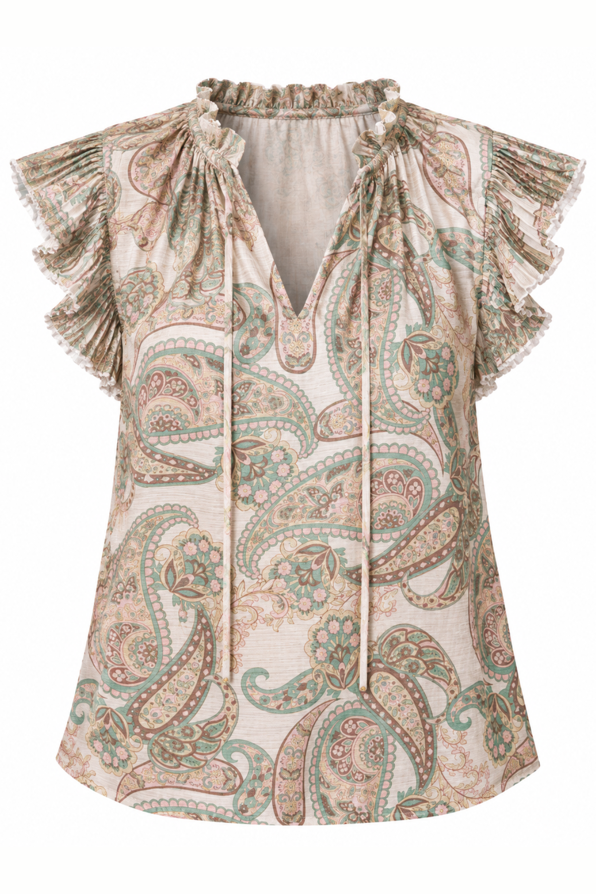A women's short-sleeve blouse with a ruffled high neckline, tie-front detail, and a paisley pattern in beige, sage green, and brown on a white background.