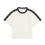 White t-shirt with black trim on a white background