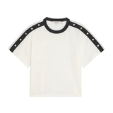 White t-shirt with black trim on a white background