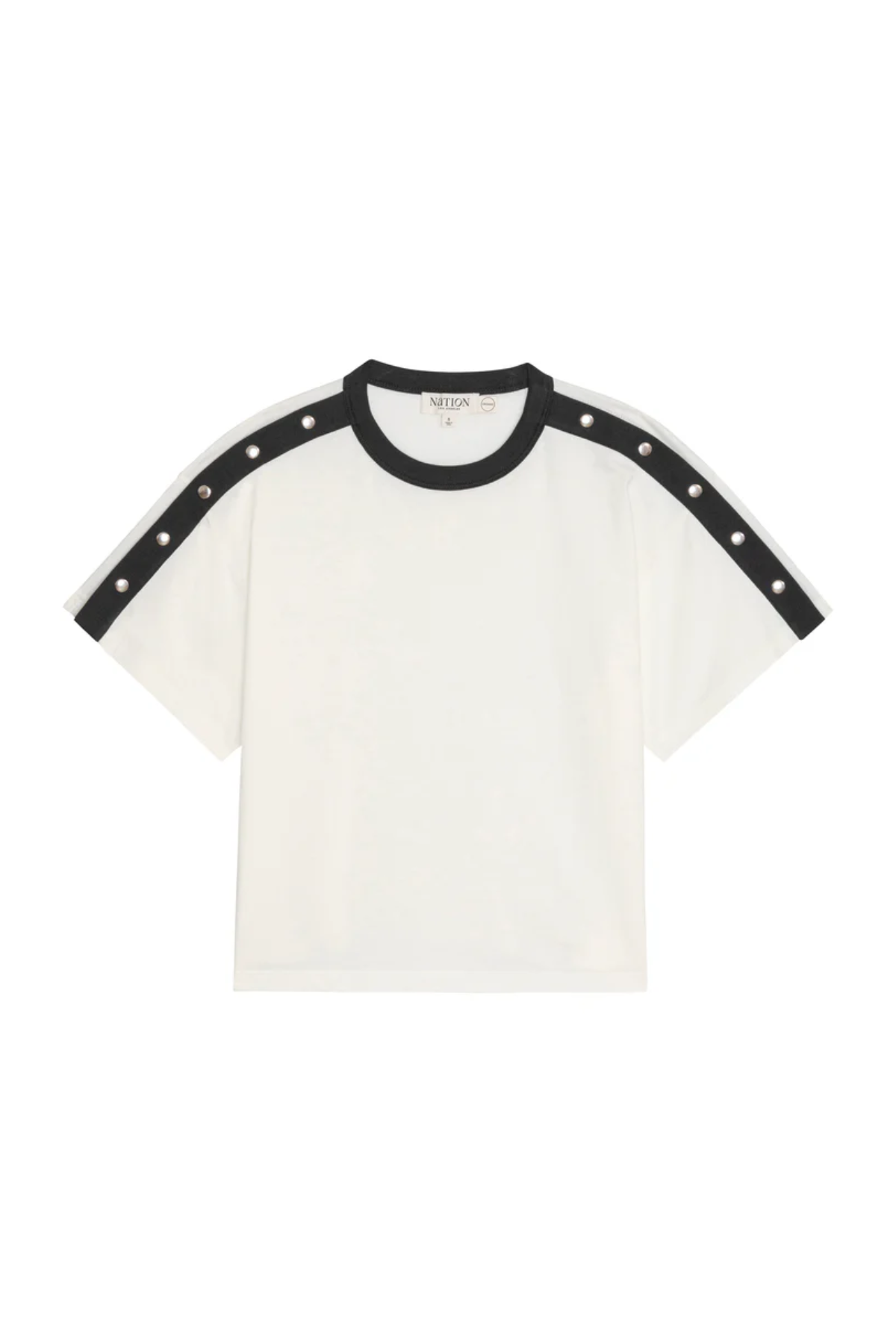 White t-shirt with black trim on a white background