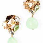 A pair of statement drop earrings featuring a cluster of multicolored faceted gemstones in gold-toned settings, with a large light green teardrop-shaped stone hanging below each earring, shown on a plain white background.