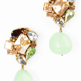 A pair of statement drop earrings featuring a cluster of multicolored faceted gemstones in gold-toned settings, with a large light green teardrop-shaped stone hanging below each earring, shown on a plain white background.