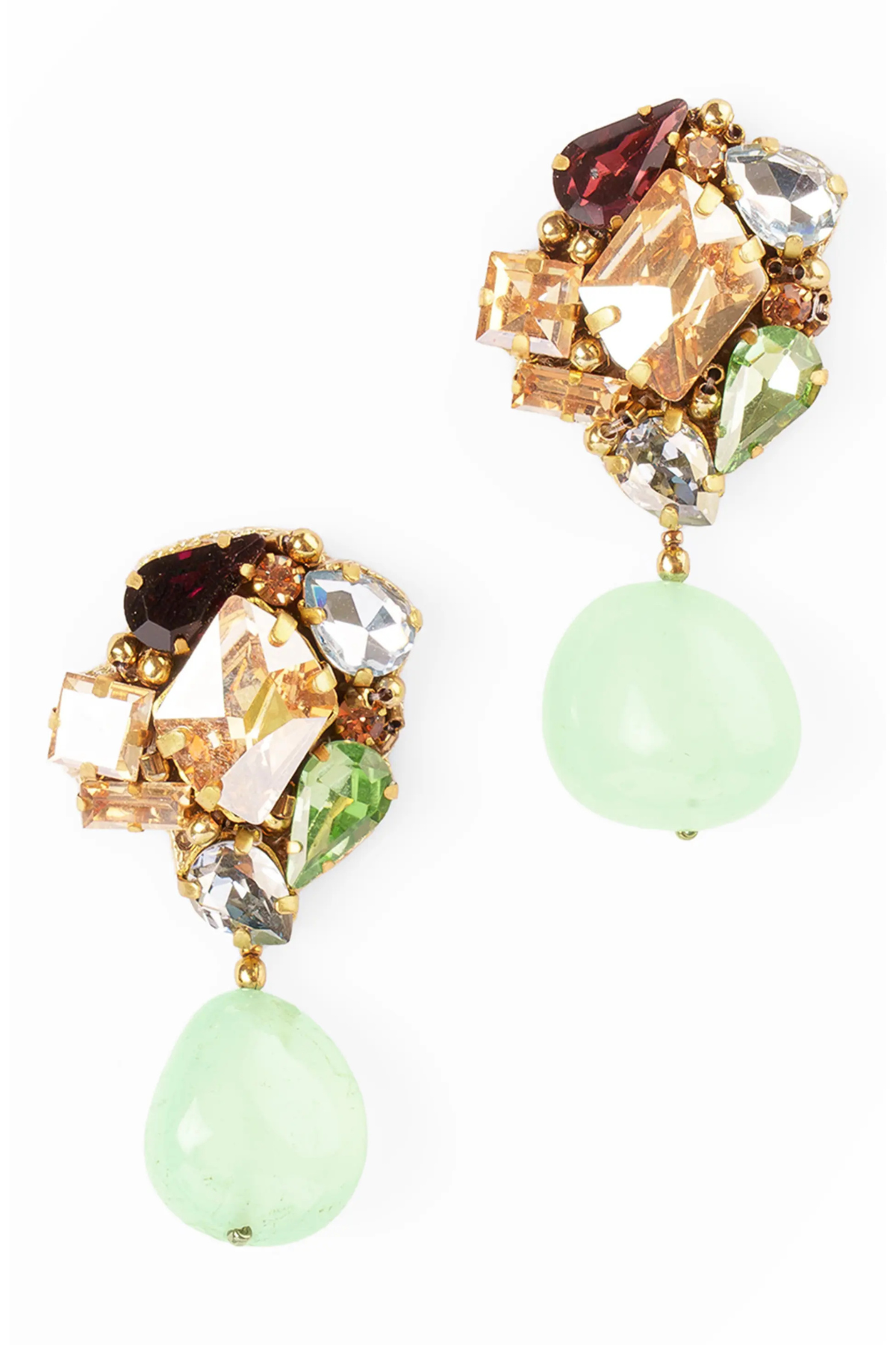A pair of statement drop earrings featuring a cluster of multicolored faceted gemstones in gold-toned settings, with a large light green teardrop-shaped stone hanging below each earring, shown on a plain white background.