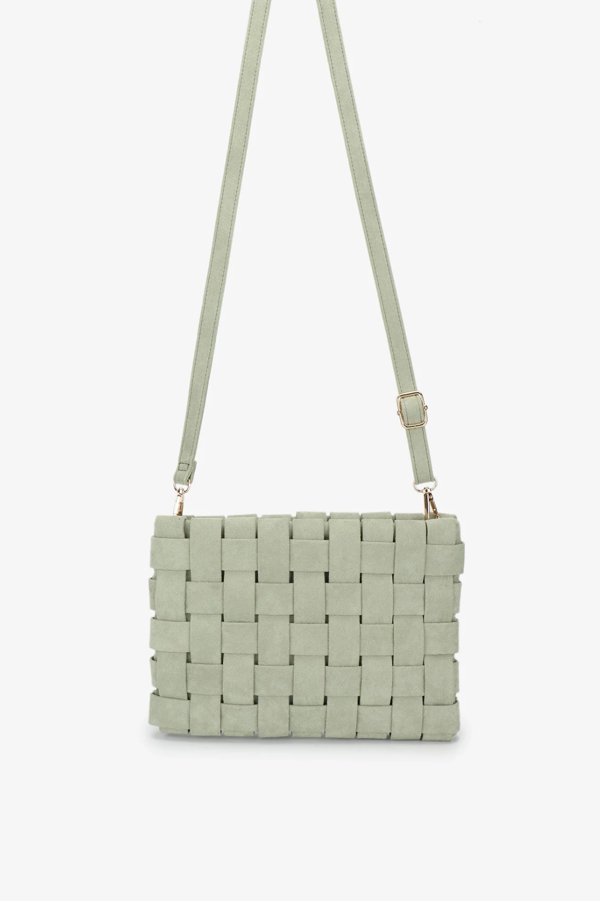 A light sage green woven leather shoulder bag with a matching adjustable shoulder strap and gold-tone hardware, shown against a plain white background.