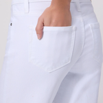 White pants with a pocket detail on a plain background