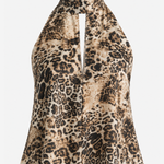 A leopard print halter top with a keyhole cutout at the neckline, displayed on a clean white background.