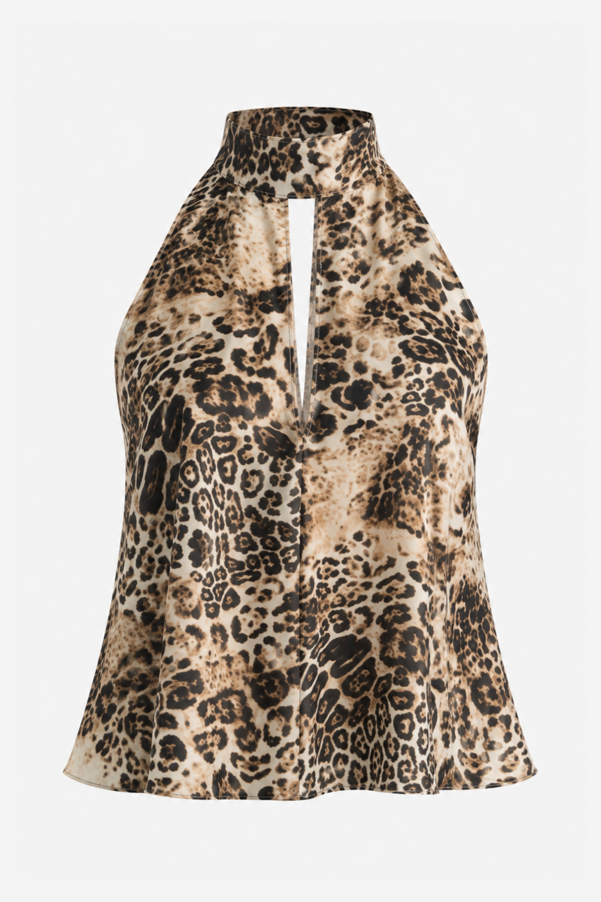 A leopard print halter top with a keyhole cutout at the neckline, displayed on a clean white background.