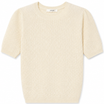 A cream-colored short-sleeve knit sweater with a textured, boucle-like pattern, displayed flat against a plain white background.