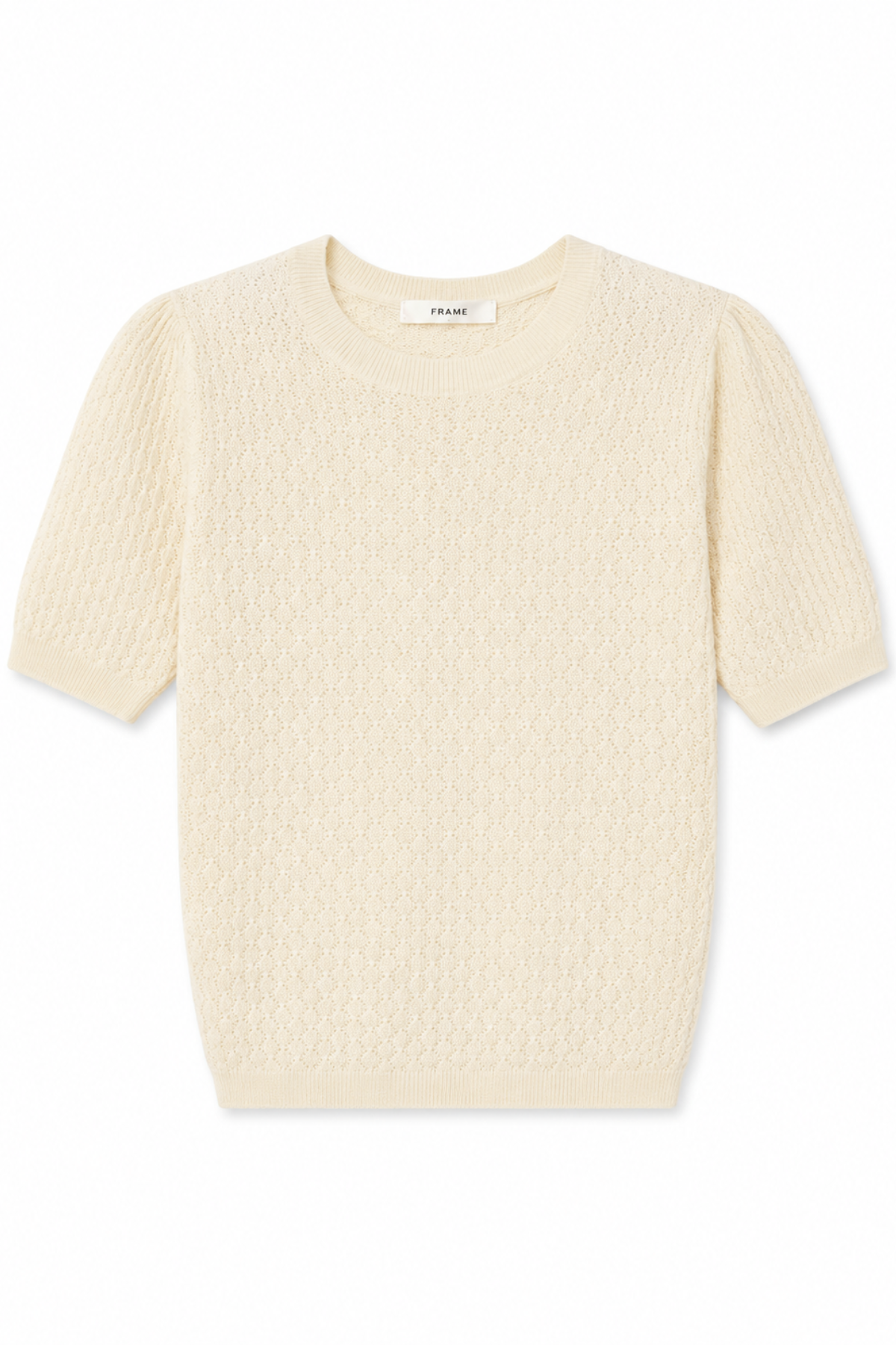A cream-colored short-sleeve knit sweater with a textured, boucle-like pattern, displayed flat against a plain white background.