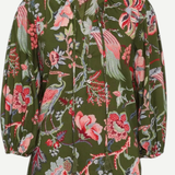 An olive green long-sleeve blouse with a vibrant, multicolored botanical and bird print, featuring pink, red, and light blue flowers and birds, shown against a plain light background.