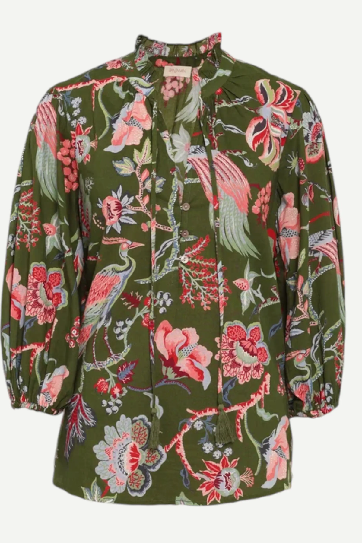 An olive green long-sleeve blouse with a vibrant, multicolored botanical and bird print, featuring pink, red, and light blue flowers and birds, shown against a plain light background.
