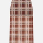 Plaid skirt with brown and beige pattern on a white background