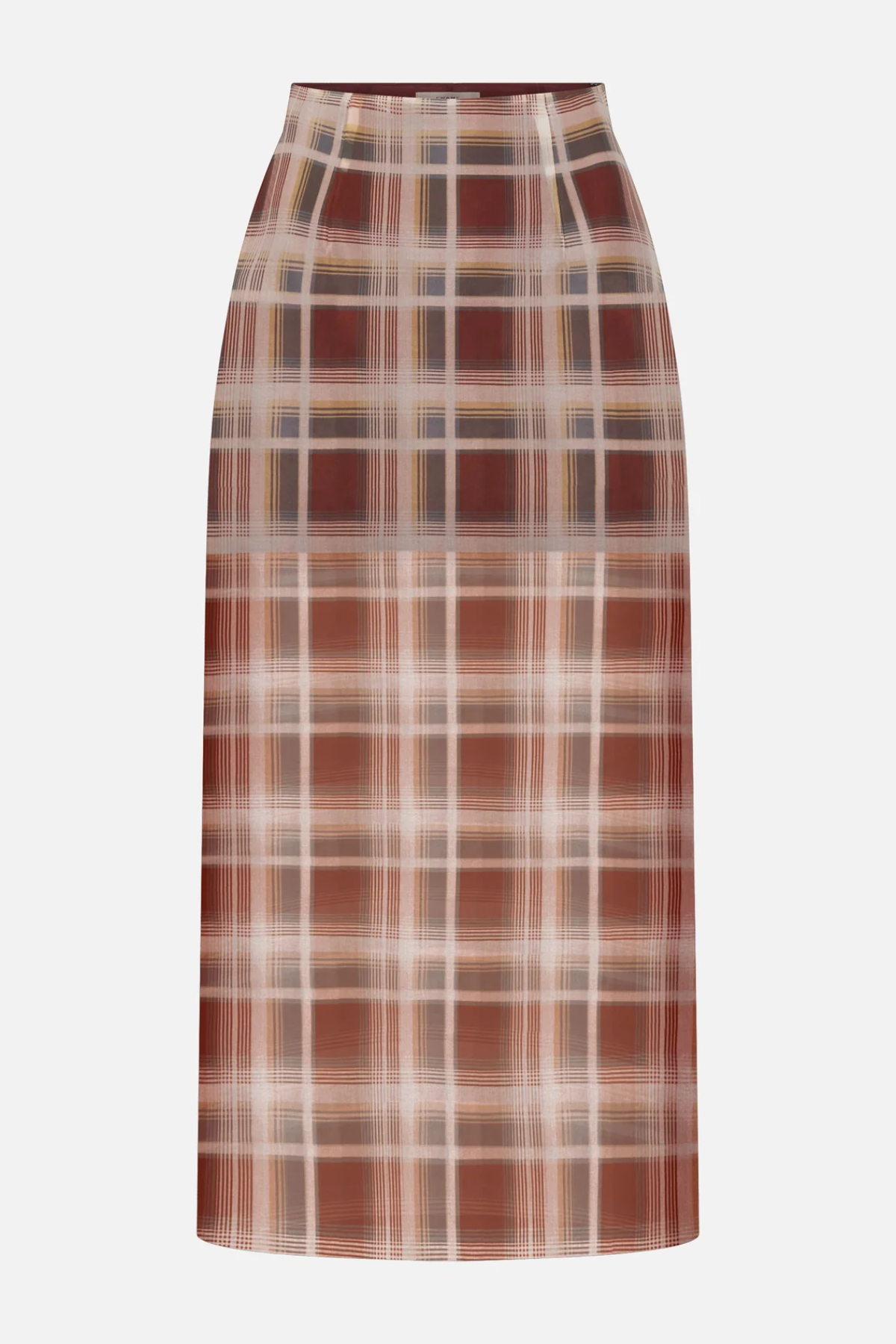 Plaid skirt with brown and beige pattern on a white background