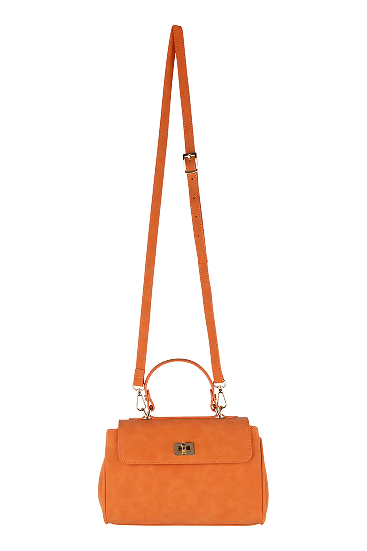 Orange handbag with a strap on a white background