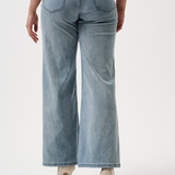 Light blue jeans worn by a person on a white background
