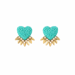 Turquoise heart-shaped earrings with gold accents on a white background