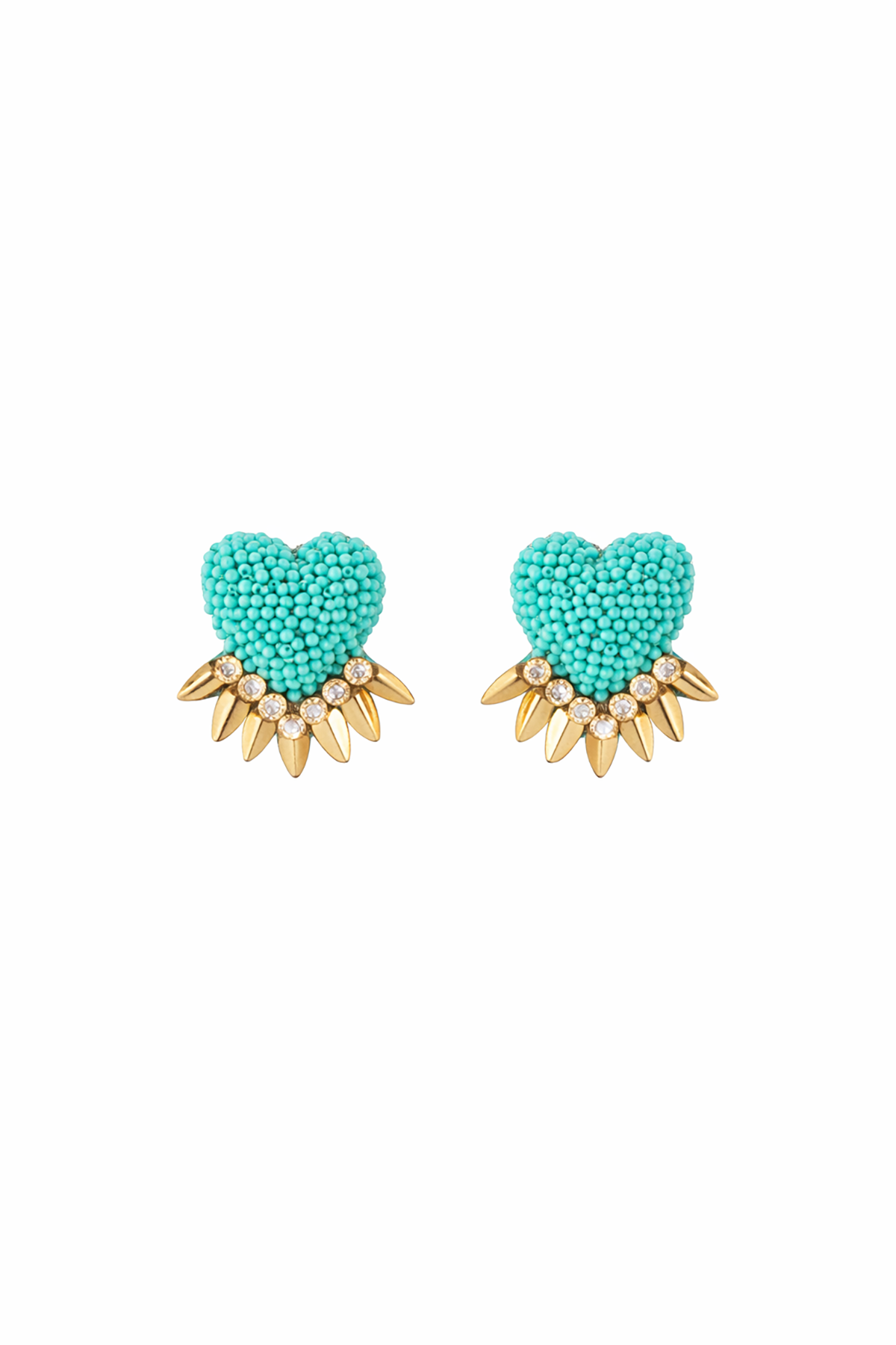 Turquoise heart-shaped earrings with gold accents on a white background
