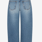 Back view of light blue denim cropped jeans with a wide-leg fit, showing the back pockets and waistband on a light gray background.