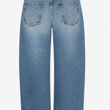Back view of light blue denim cropped jeans with a wide-leg fit, showing the back pockets and waistband on a light gray background.