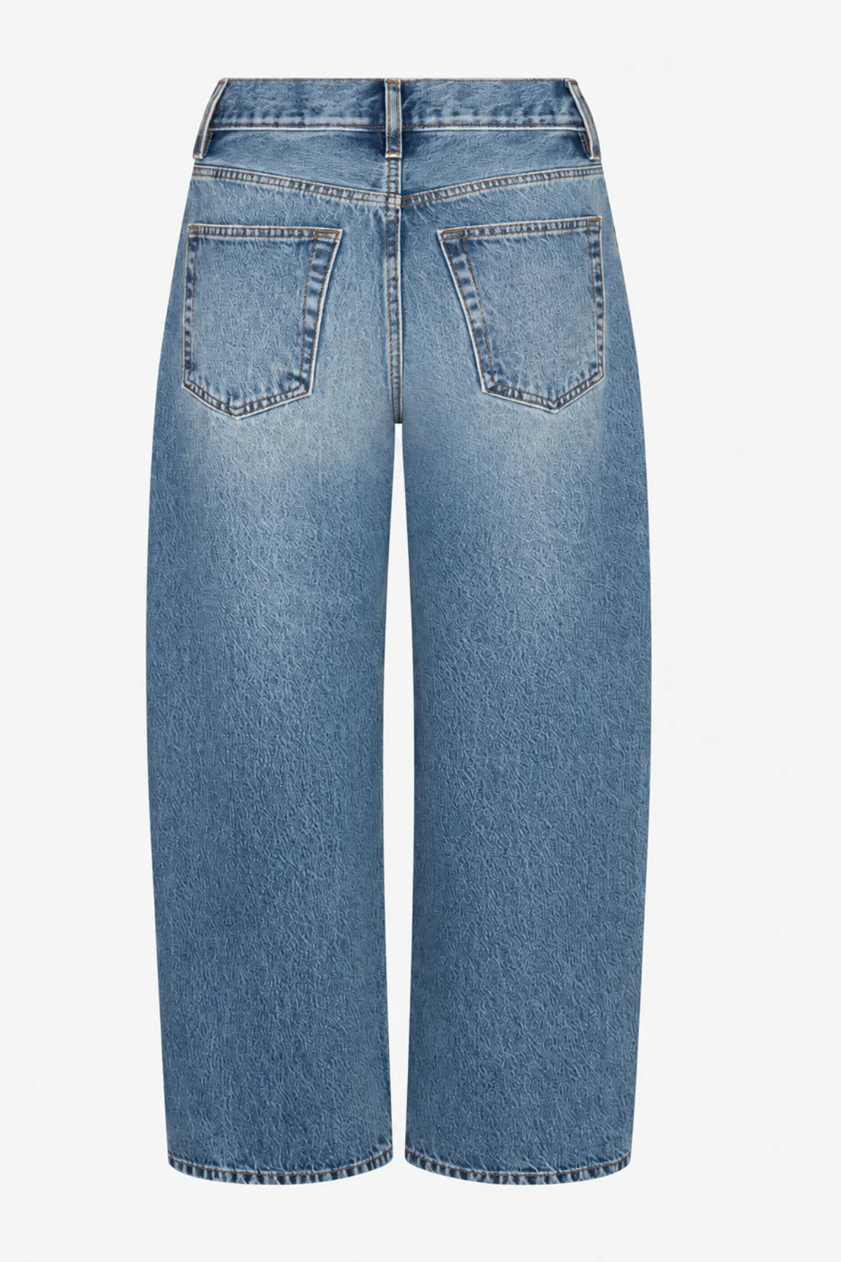 Back view of light blue denim cropped jeans with a wide-leg fit, showing the back pockets and waistband on a light gray background.