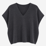 Women's charcoal Italian sweater knit top featuring short sleeves, a V-neckline, and a relaxed fit.