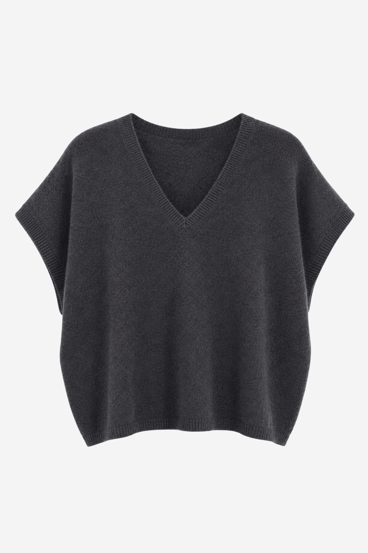 Women's charcoal Italian sweater knit top featuring short sleeves, a V-neckline, and a relaxed fit.