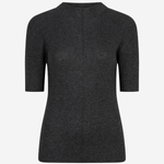 A dark charcoal gray ribbed knit sweater with three-quarter sleeves and a crew neck, shown from the back on a light gray background.
