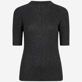 A dark charcoal gray ribbed knit sweater with three-quarter sleeves and a crew neck, shown from the back on a light gray background.
